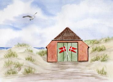 Postkarte DIN-A5 Rettungsstation Rettungshaus Dünen Aquarell Maritim Kunst Druck Kunstdruck Dänemark Nordsee Düne Meer Strand Blokhus